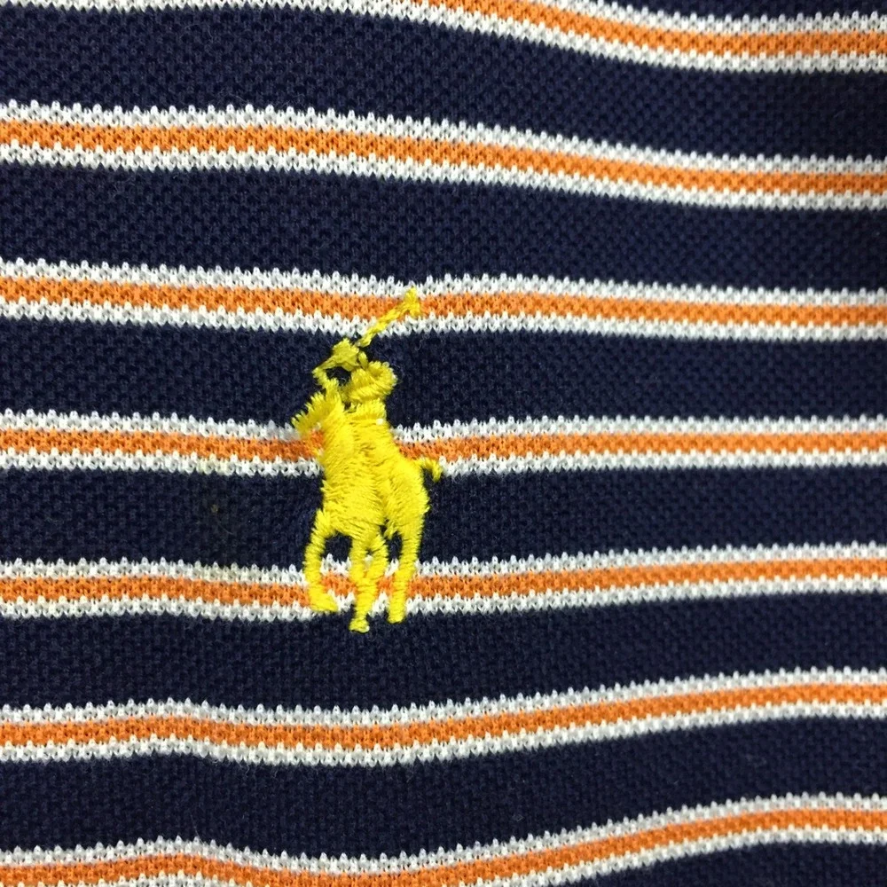 Polo Ralph Lauren Mens Large Pima Cotton Striped Polo Shirt Navy Blue Orange